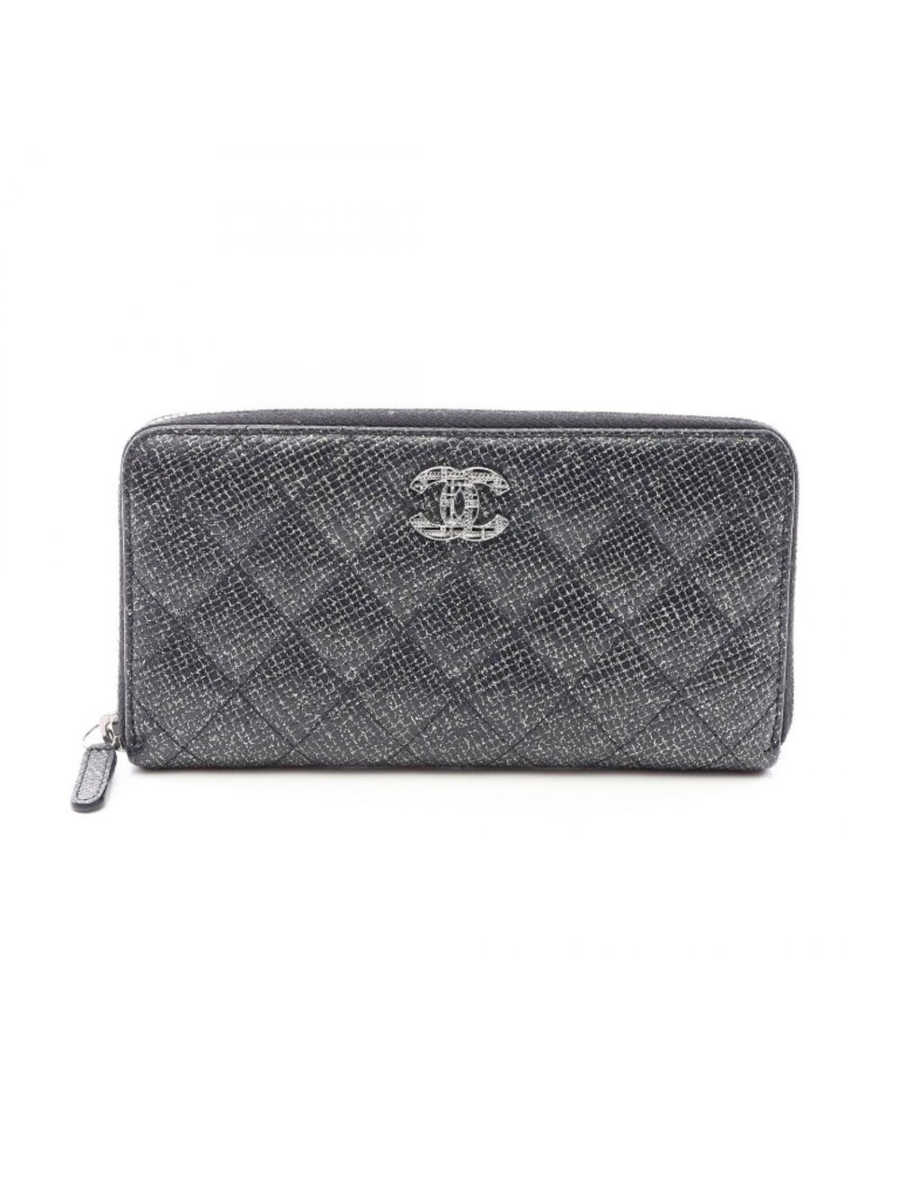 Chanel Round Wallet Quilted Lame Black Caviar Leather